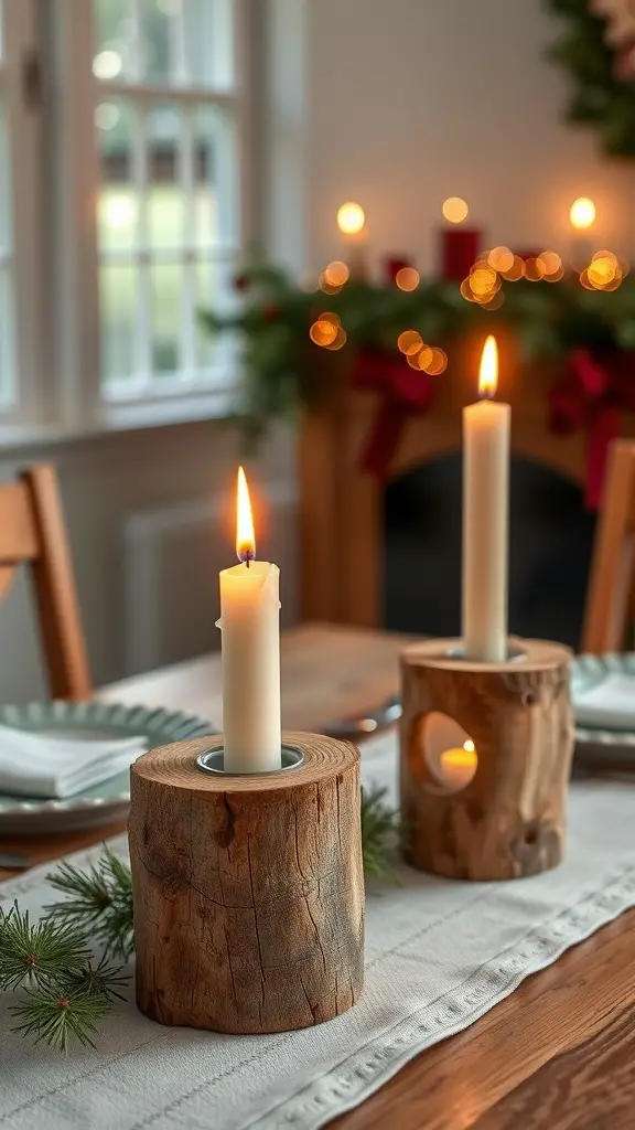 Two wooden candle holders with white candles on a festive table setting