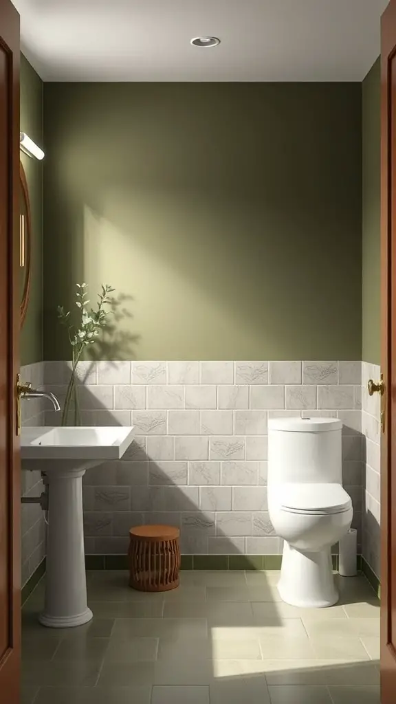 23+ Inspiring Green Bathroom Ideas for a Refreshing Makeover 9 A bathroom with olive green walls, light tiles, and a small plant on the sink.