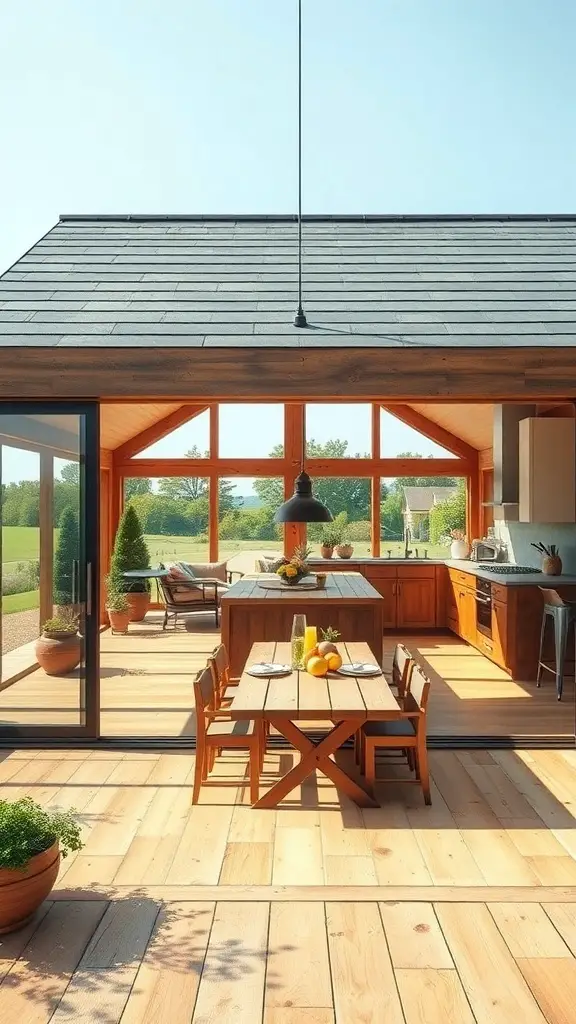 29+ Stunning Barndominium Kitchen Ideas You’ll Love 12 A barndominium kitchen with large glass doors leading to an outdoor deck, featuring wooden elements and a cozy dining area.