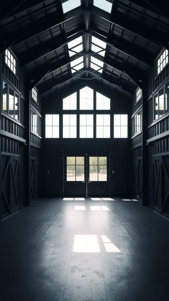 25+ Stunning Black Barndominium Designs You’ll Love 15 Interior of a black barndominium with large windows and skylights allowing natural light to fill the space.