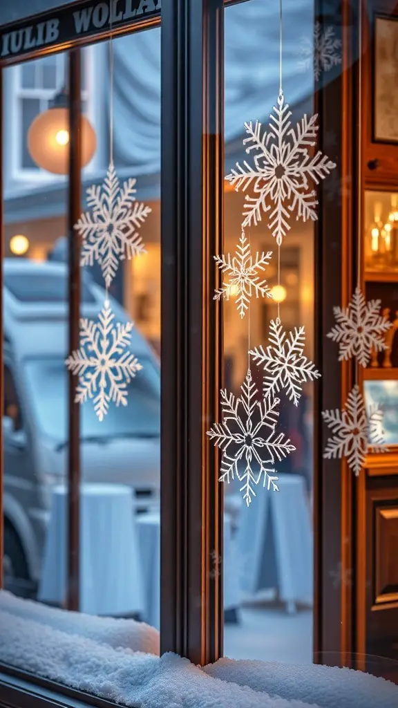 Window display featuring hanging snowflakes with a snowy ledge