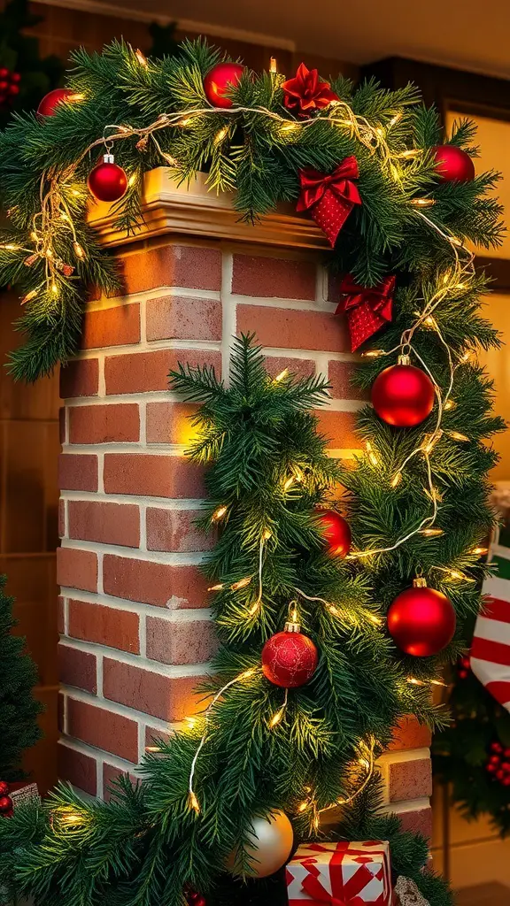 A festive garland with red ornaments and bows wrapped around a chimney, illuminated with lights.