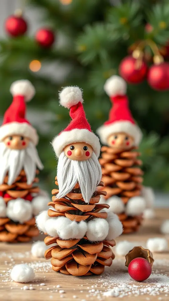 Pine cone Santa decorations with red hats and cotton ball beards