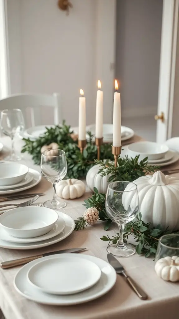 A chic minimalist Thanksgiving table decor featuring white plates, greenery, white pumpkins, and candles.