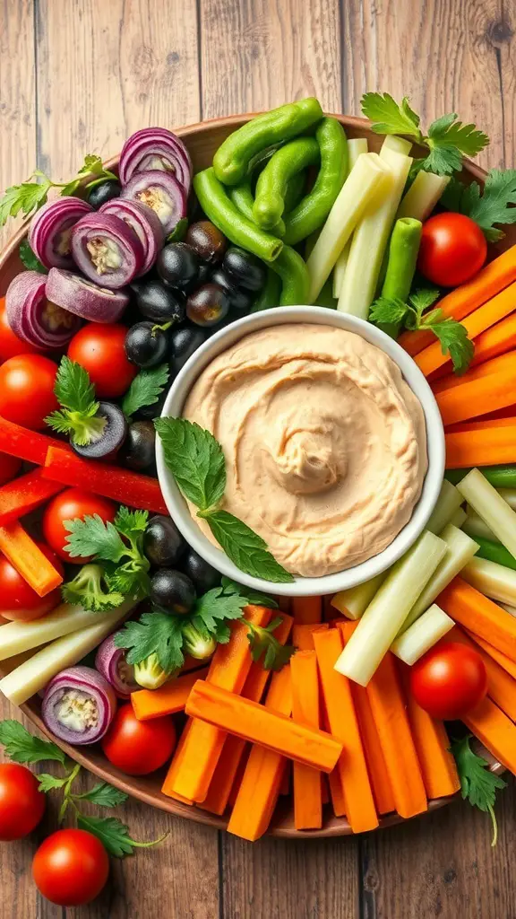 A colorful vegetable platter with hummus in the center, featuring carrots, bell peppers, cucumbers, cherry tomatoes, and olives.