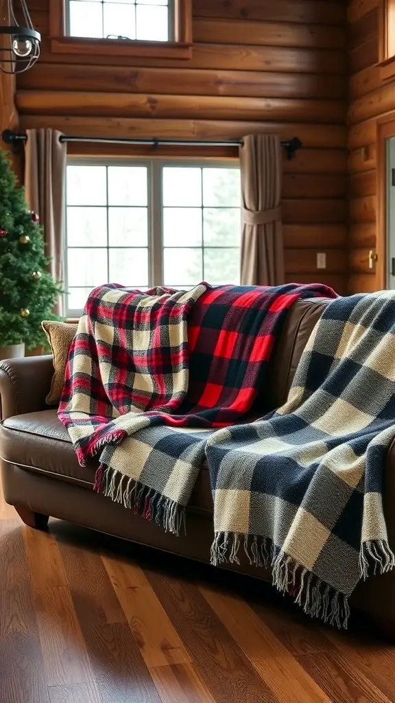 Cozy plaid throw blankets on a couch in a log cabin setting
