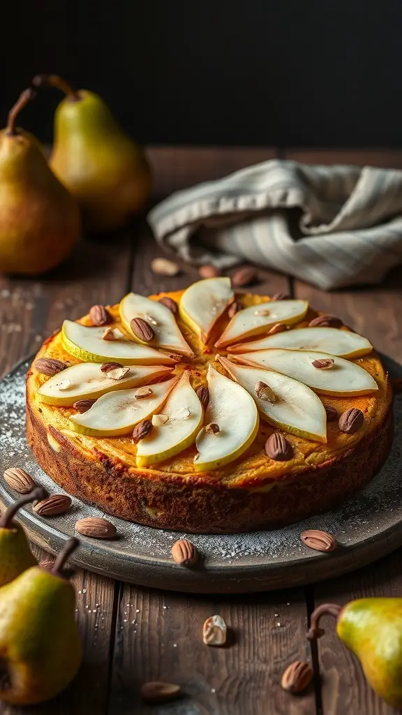 A spiced pear cake topped with almond slices and pear slices, set on a wooden table with fresh pears in the background.