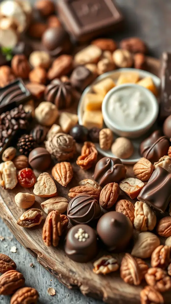 A beautifully arranged chocolate and nut treat board featuring various chocolates, nuts, and a creamy dip.