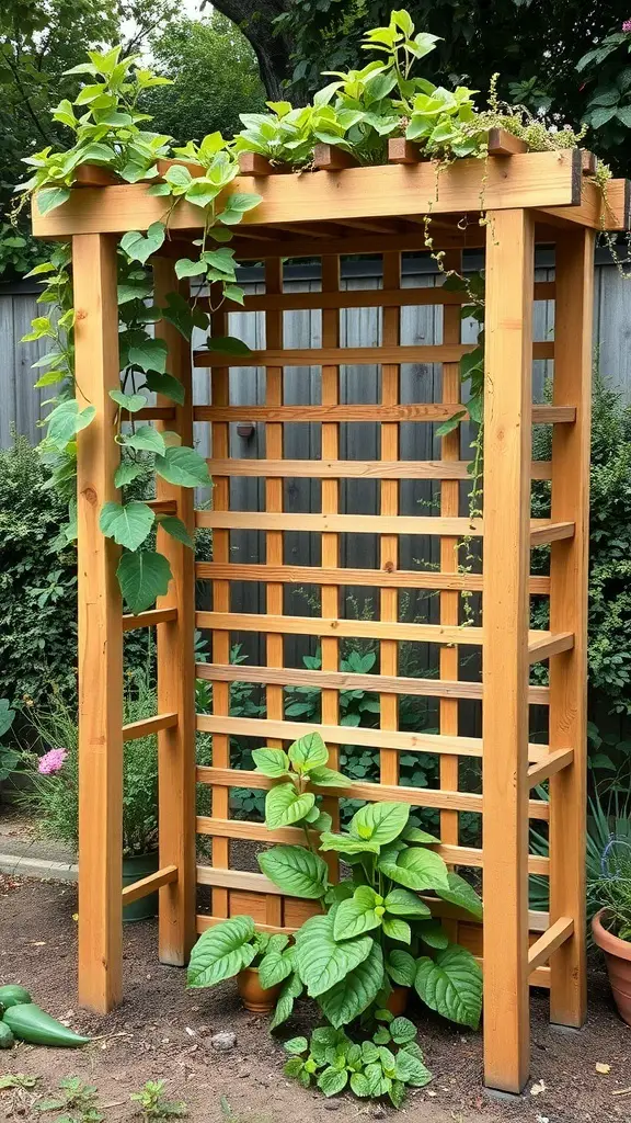 Wooden garden trellis with climbing plants