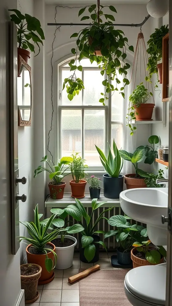 27+ Creative Plant Display Ideas to Transform Your Bathroom 12 A bathroom filled with various potted plants, showcasing a mini greenhouse effect.