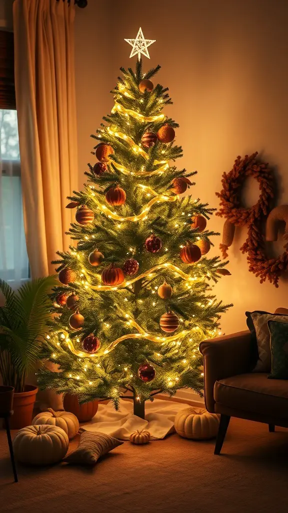 A beautifully decorated Thanksgiving tree with warm lights and ornaments, creating a cozy atmosphere.