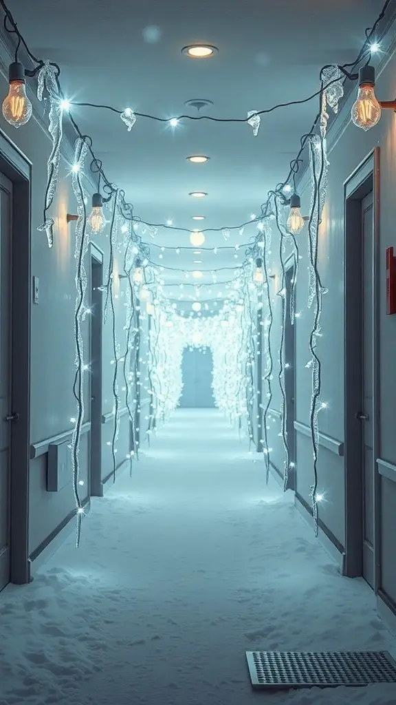 29+ Magical Hallway Christmas Light Ideas to Brighten Your Home 3 A hallway decorated with icicle lights, creating a winter wonderland effect.