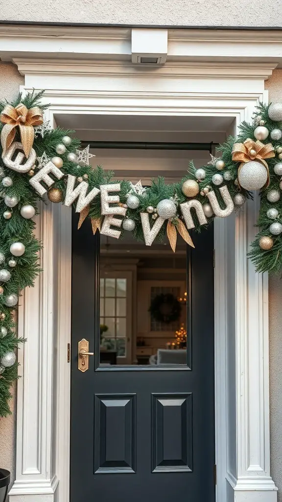 A decorative garland with metallic ornaments and bows over a doorway, spelling 'WELCOME'.