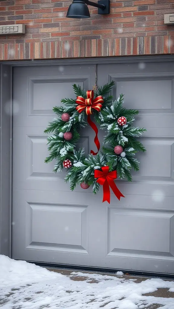 29+ Creative Garage Door Christmas Decorations You'll Love 5 A festive green wreath with red ornaments and a large red bow hanging on a gray garage door, surrounded by snow.