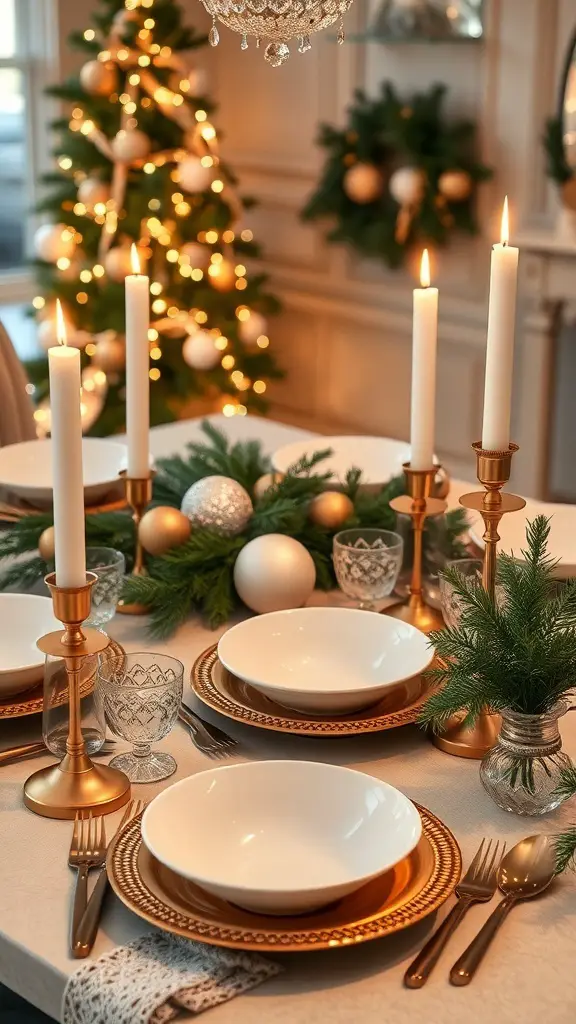 A Christmas table set with gold and white decor, featuring candles, greenery, and a decorated tree in the background.
