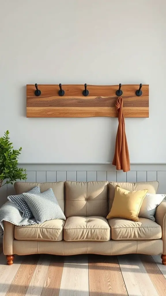23+ Creative Above Sofa Wall Decor Ideas to Transform Your Space 15 A rustic wood plank with hooks mounted above a beige sofa, featuring decorative pillows and a plant.