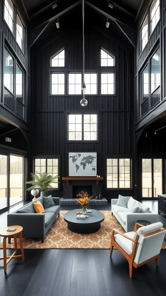 25+ Stunning Black Barndominium Designs You’ll Love 9 A spacious open-concept living area in a black barndominium with high ceilings, large windows, and stylish furniture.
