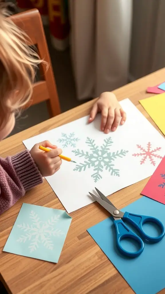 A child coloring and cutting out snowflake stencils on a wooden table.