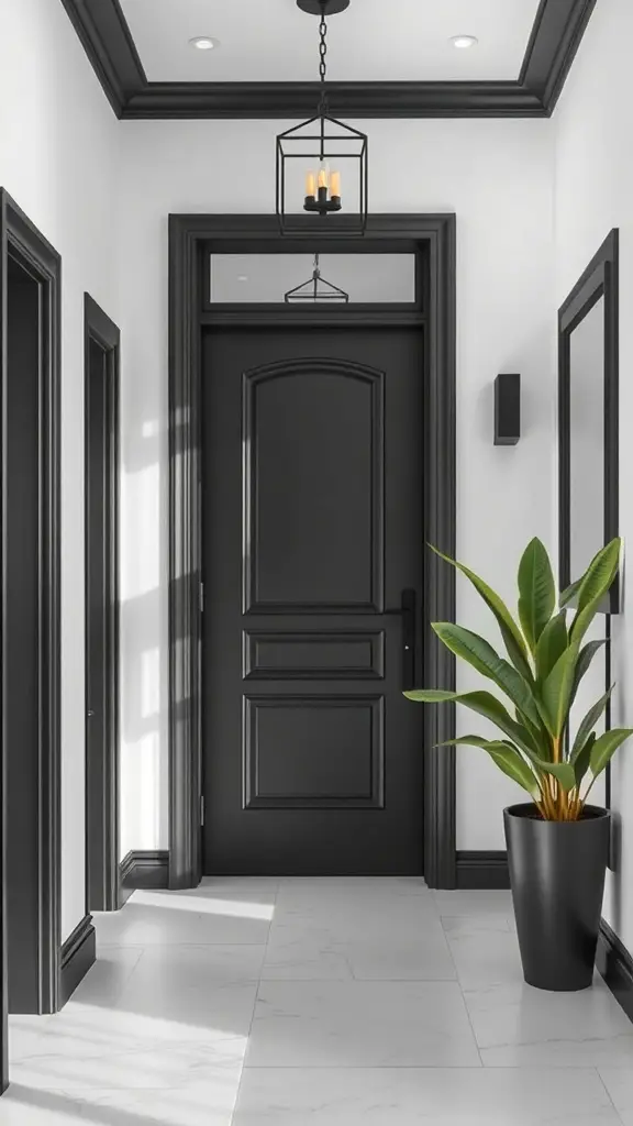A modern hallway featuring light walls and dark trim, with a black door and a potted plant.