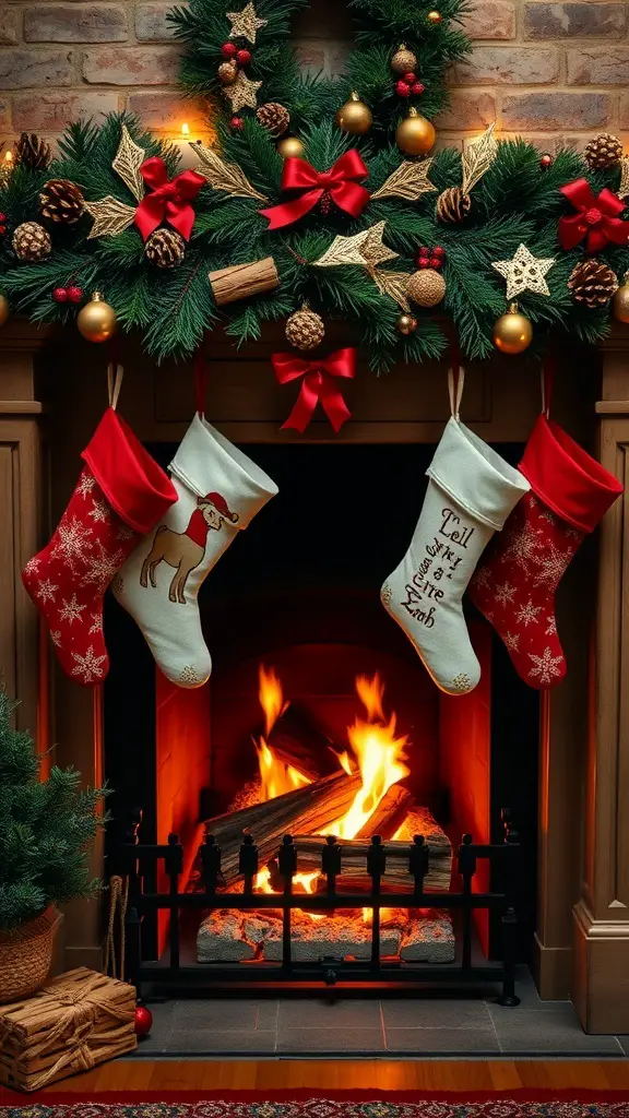 Handmade Christmas stockings hanging by a cozy fireplace decorated with greenery and lights.