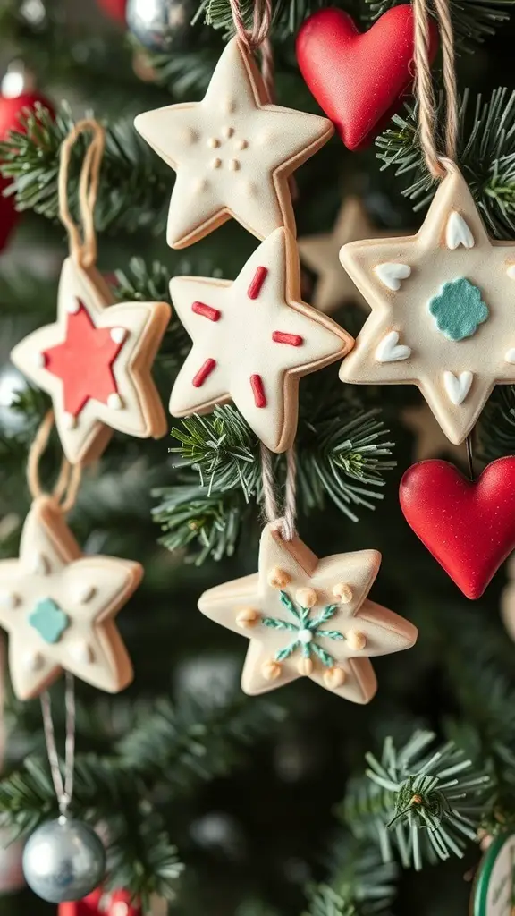 Colorful star-shaped salt dough ornaments hanging on a Christmas tree