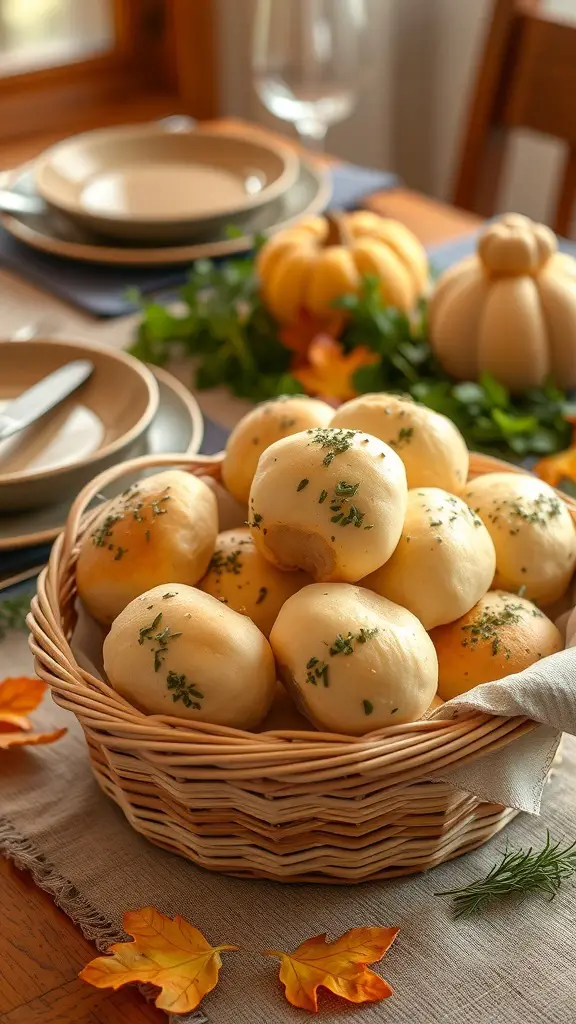 27+ Must-Have Dishes for the Ultimate Thanksgiving Spread 13 A basket of herbed dinner rolls on a Thanksgiving table