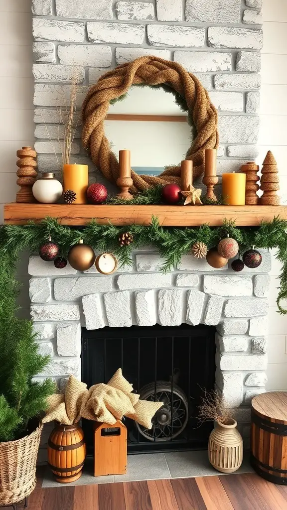 29+ Creative Christmas Mantel Decorating Ideas to Inspire Your Holiday Spirit 5 A rustic farmhouse Christmas mantel decorated with a braided rope mirror, candles, and greenery.