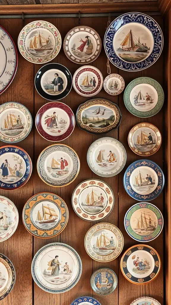 29+ Creative Ideas for a Stunning Plate Wall Display 9 A collection of decorative plates featuring maritime scenes and historical figures arranged on a wooden wall.