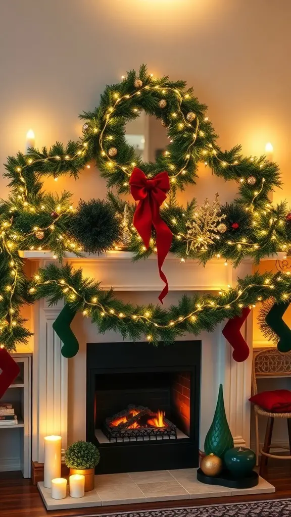 29+ Creative Christmas Mantel Decorating Ideas to Inspire Your Holiday Spirit 12 A festive mantel decorated with a lush garland, lights, ornaments, and stockings.