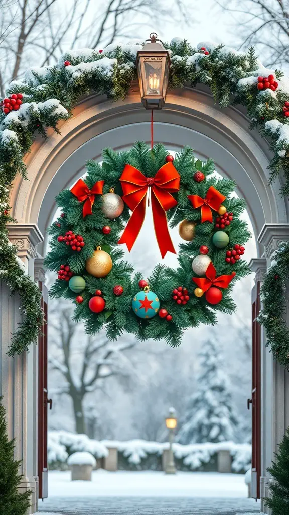 A beautifully decorated Christmas wreath with a red bow and colorful ornaments, hanging in an archway.