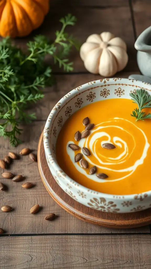 25+ Delicious Thanksgiving Dinner Ideas You Need to Try 11 A bowl of creamy butternut squash soup garnished with cream and pumpkin seeds, surrounded by fresh ingredients.