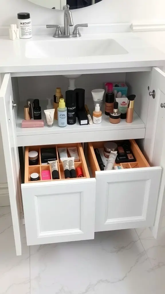 25+ Clever Hidden Storage Ideas for Your Bathroom 5 A bathroom vanity with hidden drawers organized with beauty products.