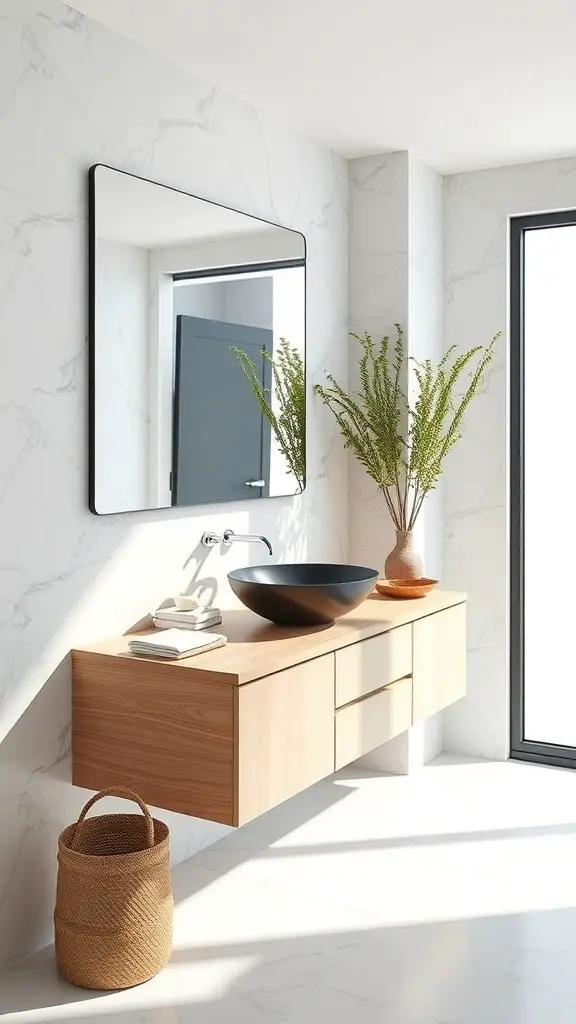 27+ Stunning Floating Vanity Ideas for Your Bathroom Renovation 8 A modern bathroom featuring a floating vanity with a black vessel sink, a large mirror, and decorative plants.