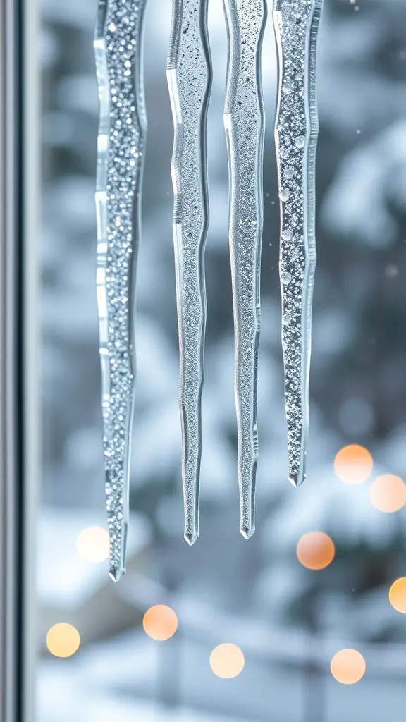 Icicle ornaments hanging in a window with a snowy background