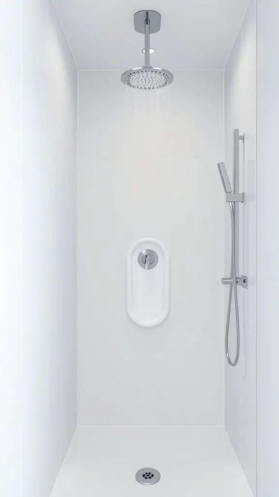 25+ Chic White Bathroom Ideas for a Timeless Look 4 A contemporary white shower design featuring white tiles, a rain shower head, and chrome fixtures.