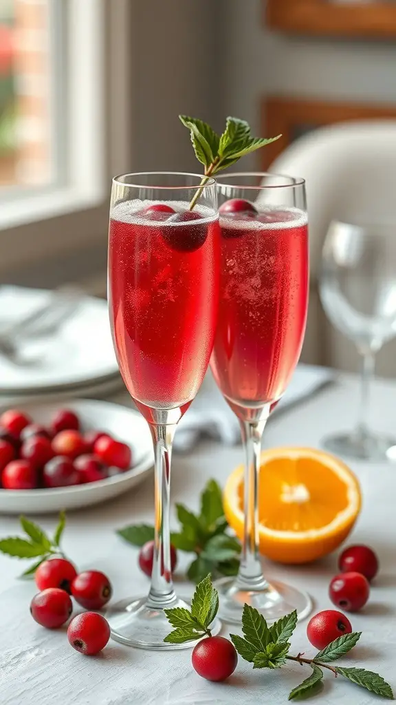Two flutes of cranberry and orange juice mimosas with fresh cranberries and mint leaves