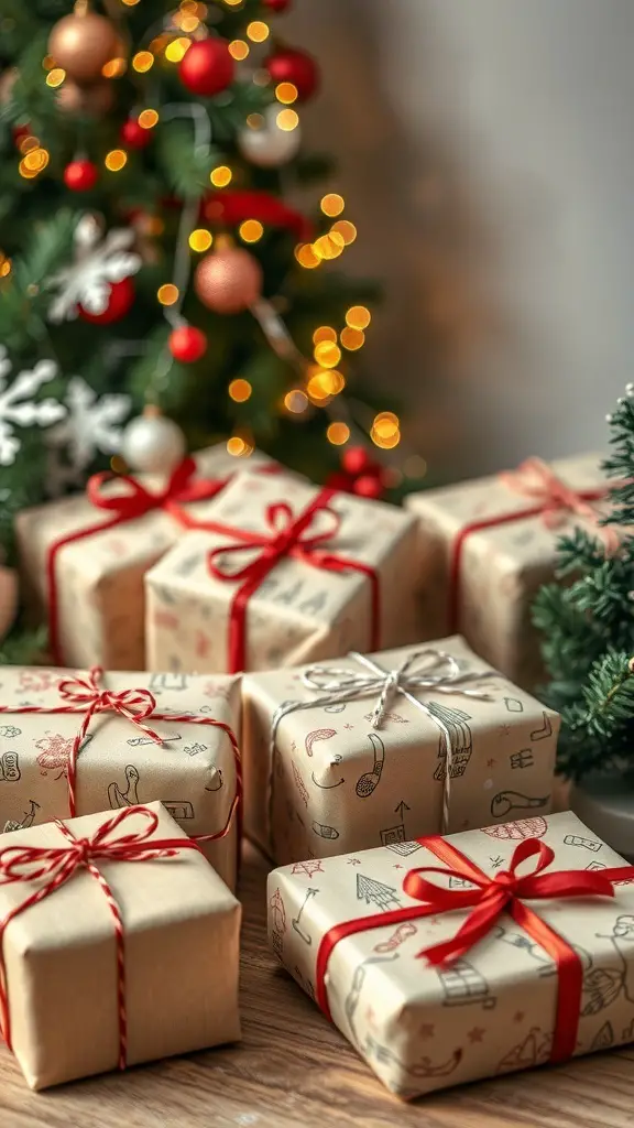 A collection of beautifully wrapped Christmas gifts with festive designs and ribbons, set against a decorated Christmas tree.