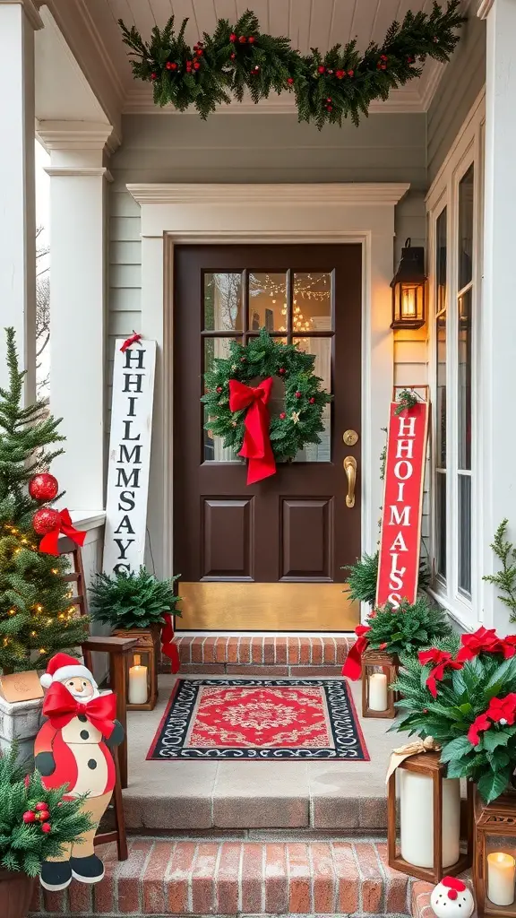 Decorative wooden Christmas signs by a front door with wreath and festive decorations.