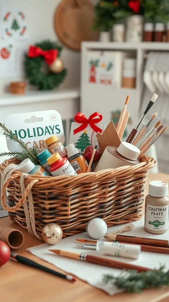A basket filled with holiday craft supplies including paints, brushes, and decorative items.