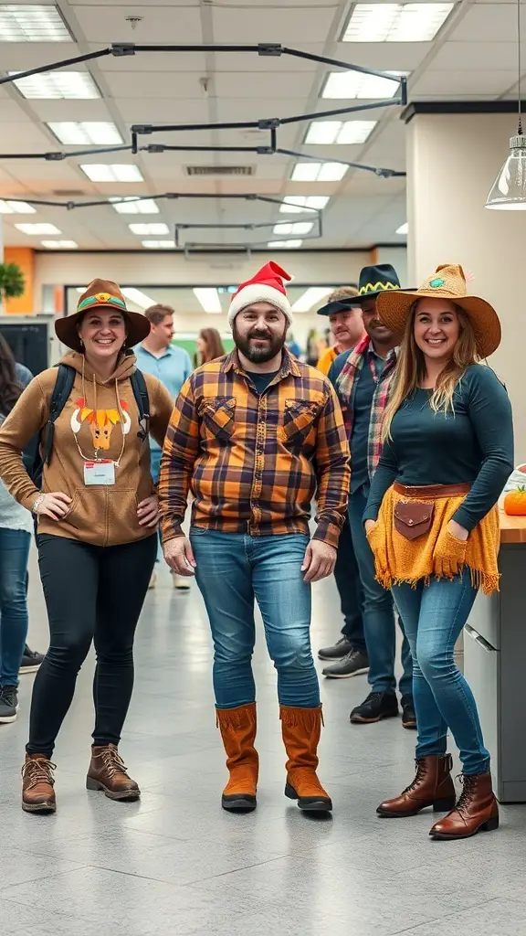 A group of people in Thanksgiving-themed attire, including hats and flannel shirts, celebrating in an office setting.