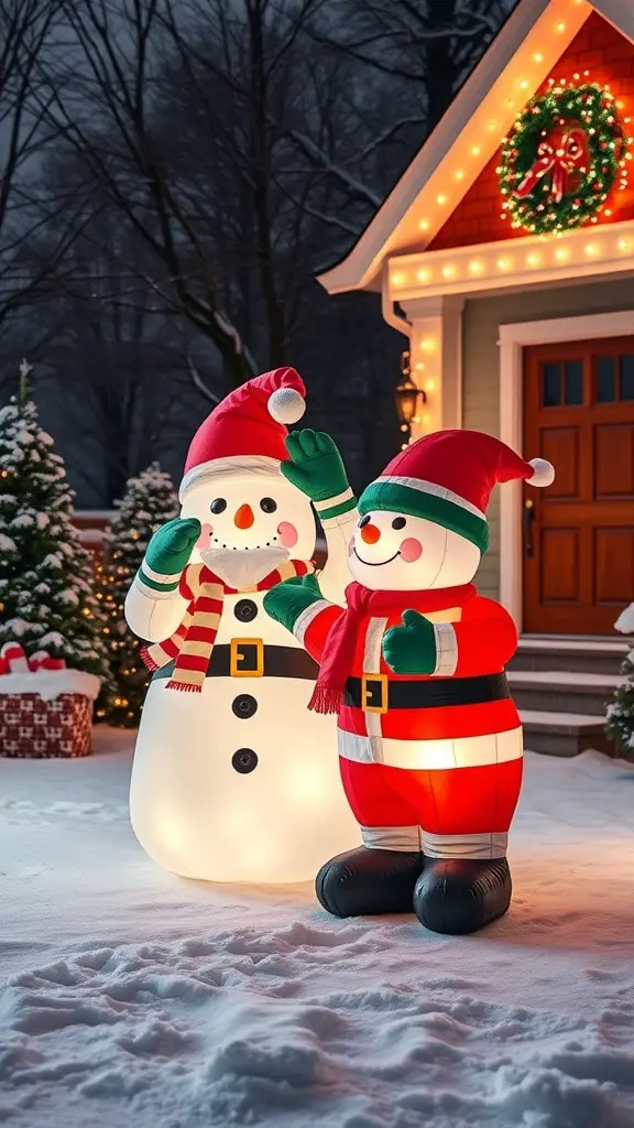 Cheerful inflatable snowman and Santa in a snowy yard