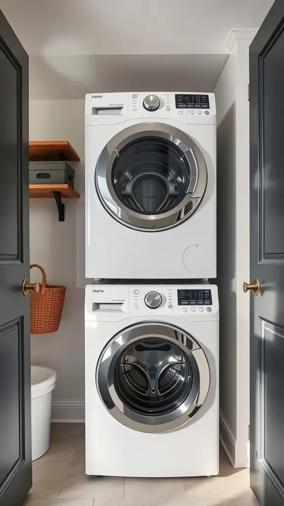 A compact laundry room featuring a stacked washer and dryer with a shelf above for storage.