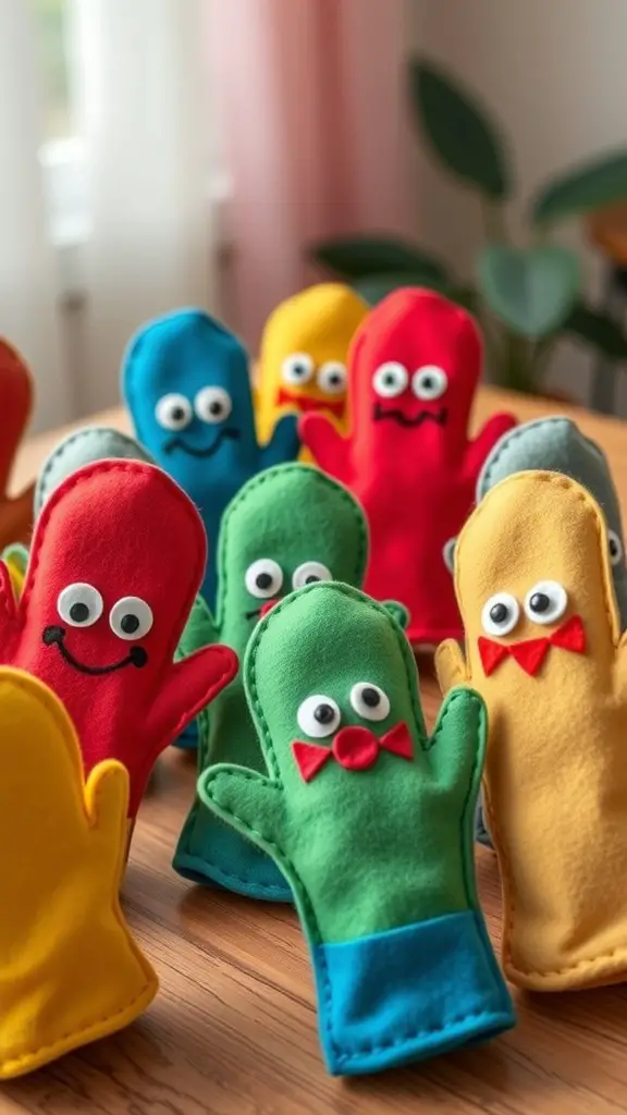 Colorful felt mitten puppets with googly eyes and playful designs