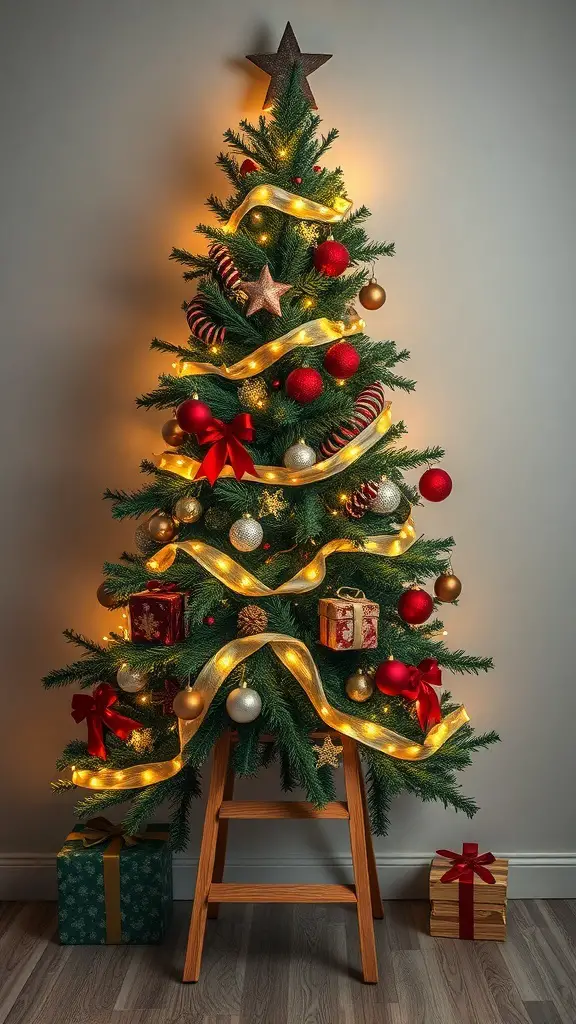29+ Creative Wall Christmas Tree Ideas for a Festive Holiday Display 13 A wall-mounted ladder tree decorated with lights, ornaments, and gifts.