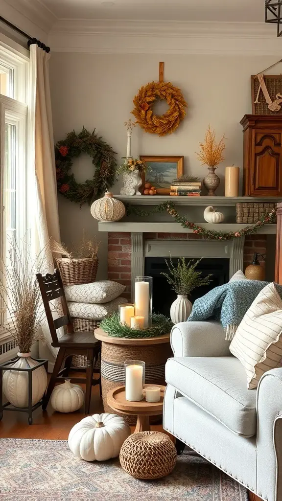 Cozy living room decorated for Thanksgiving with pumpkins, candles, and autumn wreaths.