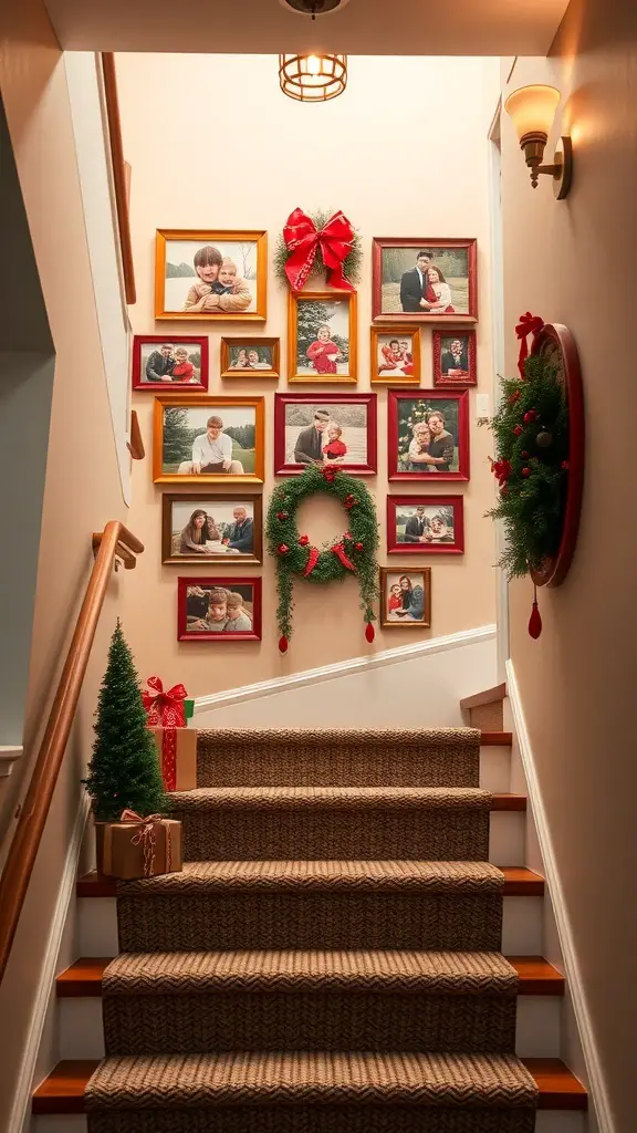 25+ Creative Christmas Staircase Decor Ideas to Transform Your Home 10 Staircase decorated with a photo display, wreath, and Christmas decor