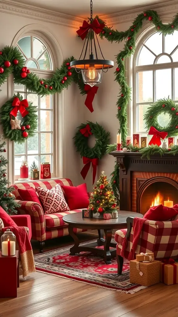 A cozy living room decorated for Christmas with red and green colors, featuring garlands, wreaths, and a small Christmas tree.