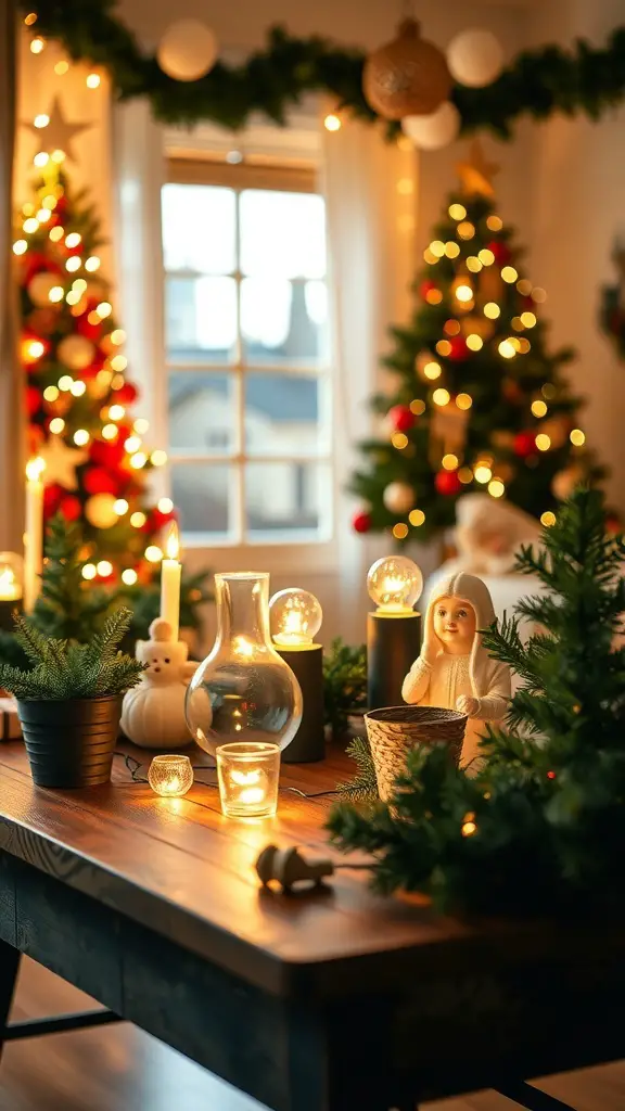 27+ Stunning Roof Christmas Light Ideas to Brighten Your Holidays 15 A cozy holiday setting with Christmas trees, candles, and decorative lights.