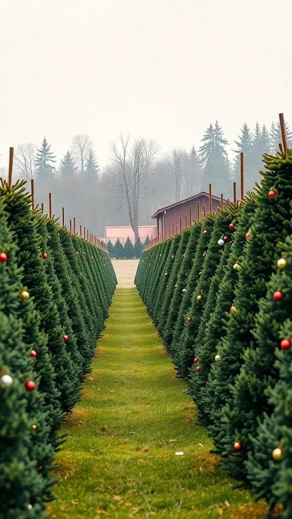 Rows of Christmas trees with ornaments, leading to a cozy building in the background.
