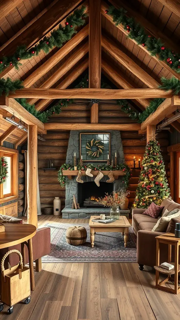 A cozy cabin decorated for Christmas with rustic wood accents, a Christmas tree, and a fireplace.
